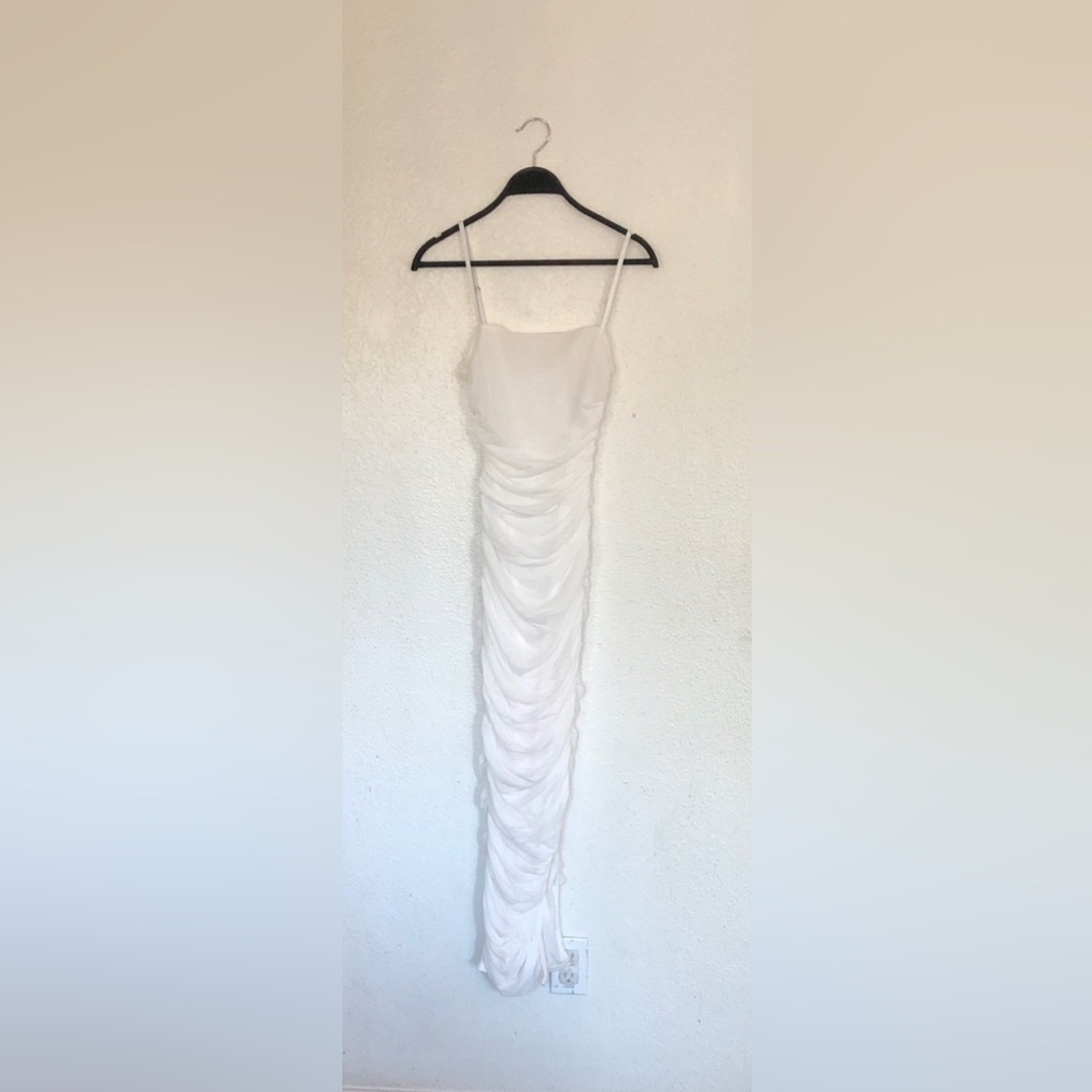 privy White Ruched Spaghetti-Strap Maxi Dress
